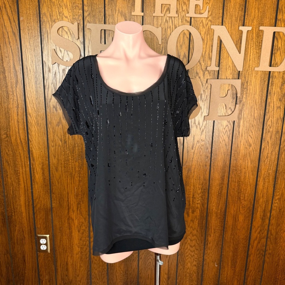Eileen Fisher Beaded Silk Top Women Large Black Sequin Blouse Old Money Luxe